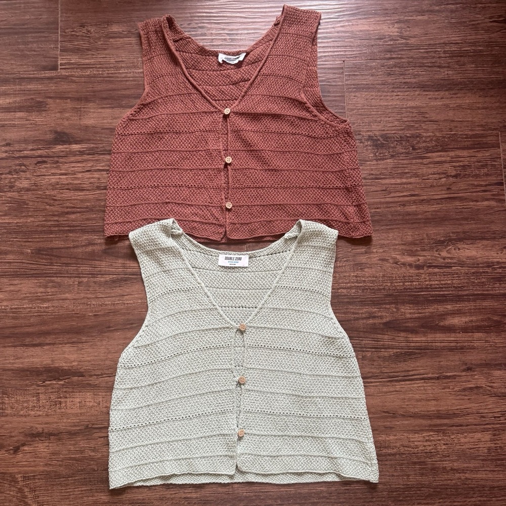 Double Zero Crochet Knit Vest Tank Top Lot of 2 Medium Boho Button Front Crop